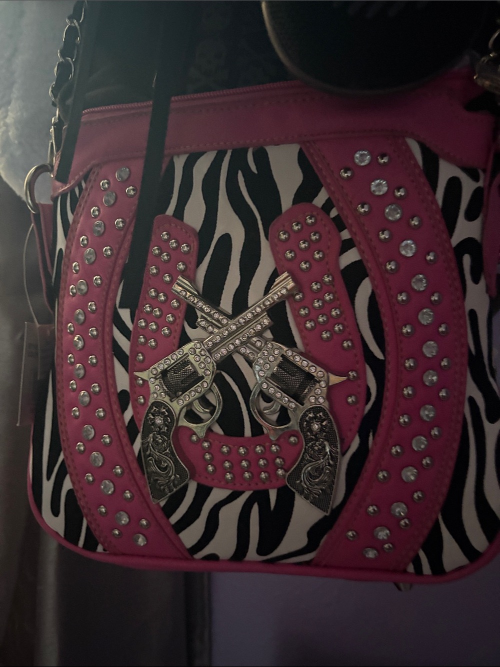 2000s Western Rhinestone Pink Zebra Print Shoulder Bag